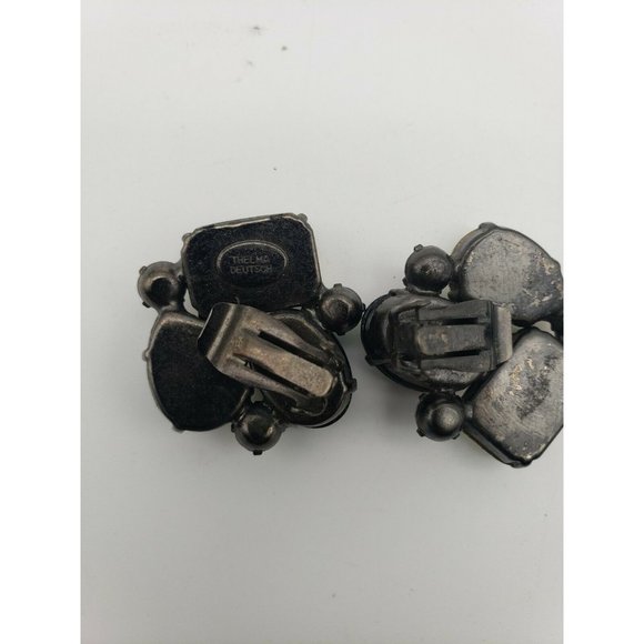 Signed THELMA DEUTSCH VTG Aurora Borealis,Black Glass Rhinestone Clip On Earings - Picture 3 of 4